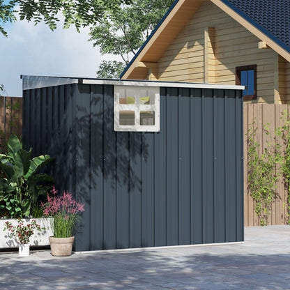 Outsunny 4 x 6ft Lean to Garden Metal Shed, Outdoor Storage Shed with Window, 2 Vents and Lockable Door for Patio, Dark Grey