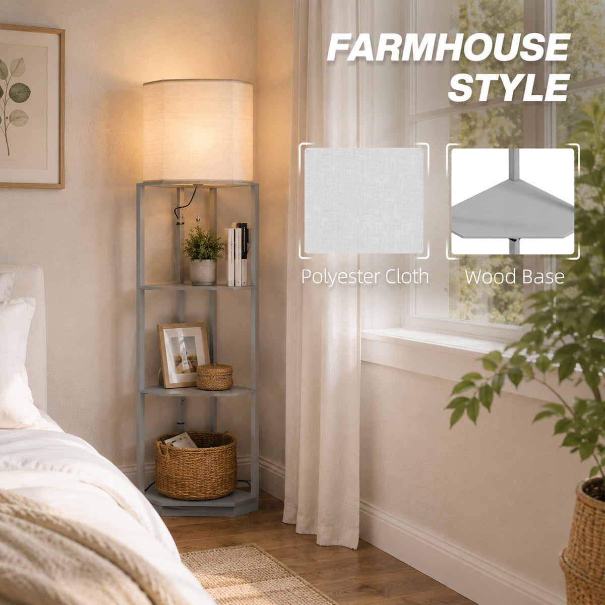 HOMCOM Corner Floor Lamp with Shelves, Tall Standing Lamps for Living Room, with Pull Chain Switch Bulb not Included, Grey