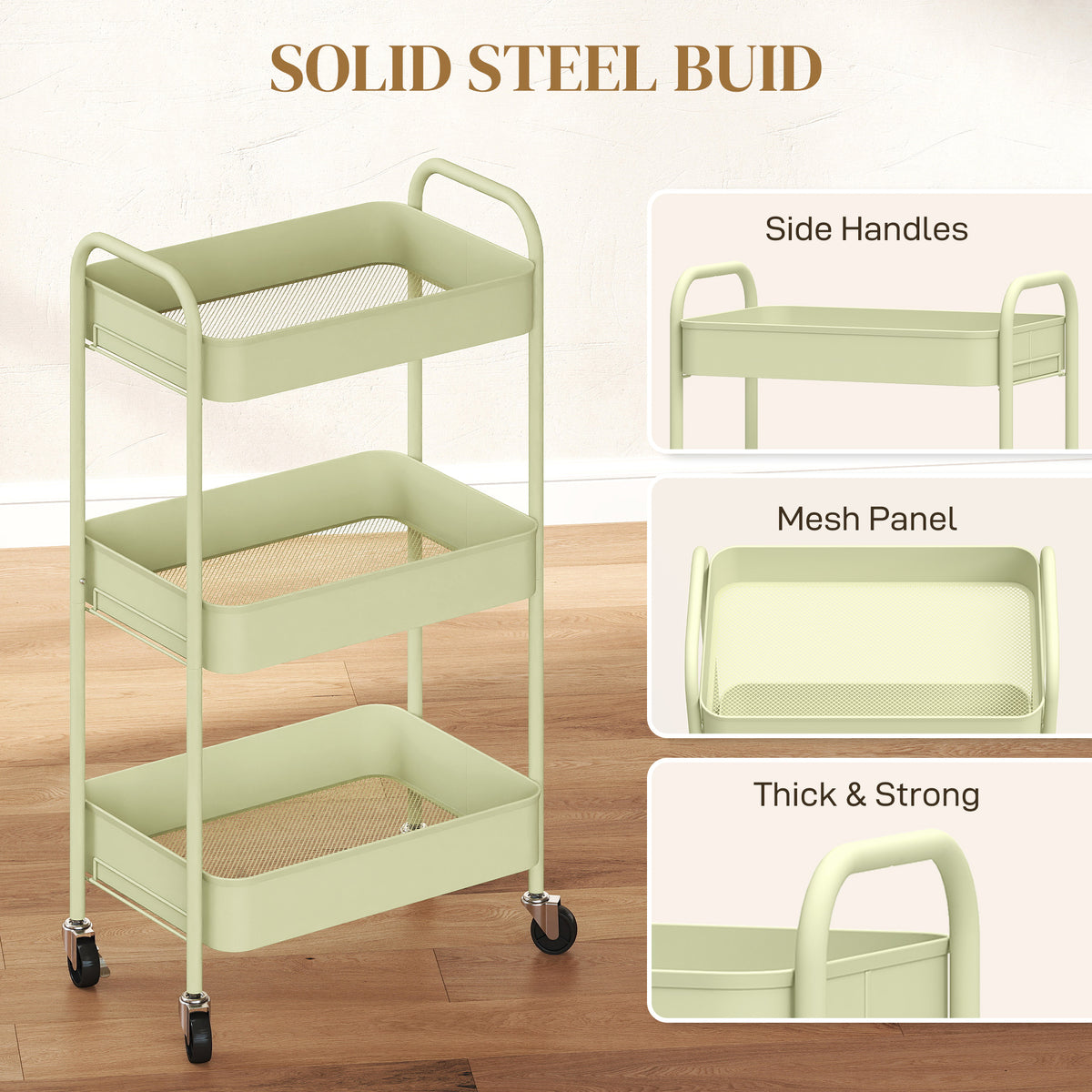 HOMCOM Three-Tier Steel Storage Trolley - Green