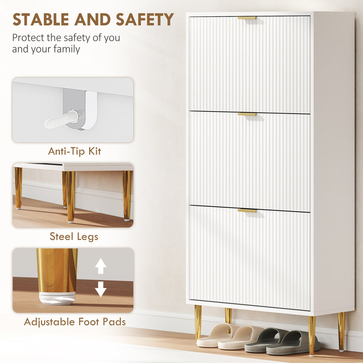 HOMCOM Elegant Three-Drawer Shoe Cabinet - White