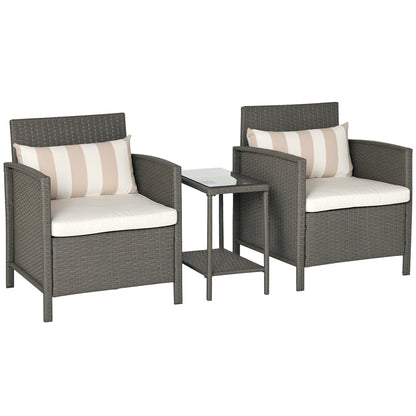 Outsunny 3 Pieces Rattan Bistro Set, Wicker Garden Furniture Set, Glass Top 2-tier Coffee Table and Chairs Set with Pillows and Washable Cushions for Outdoor, Patio, Balcony, Light Grey