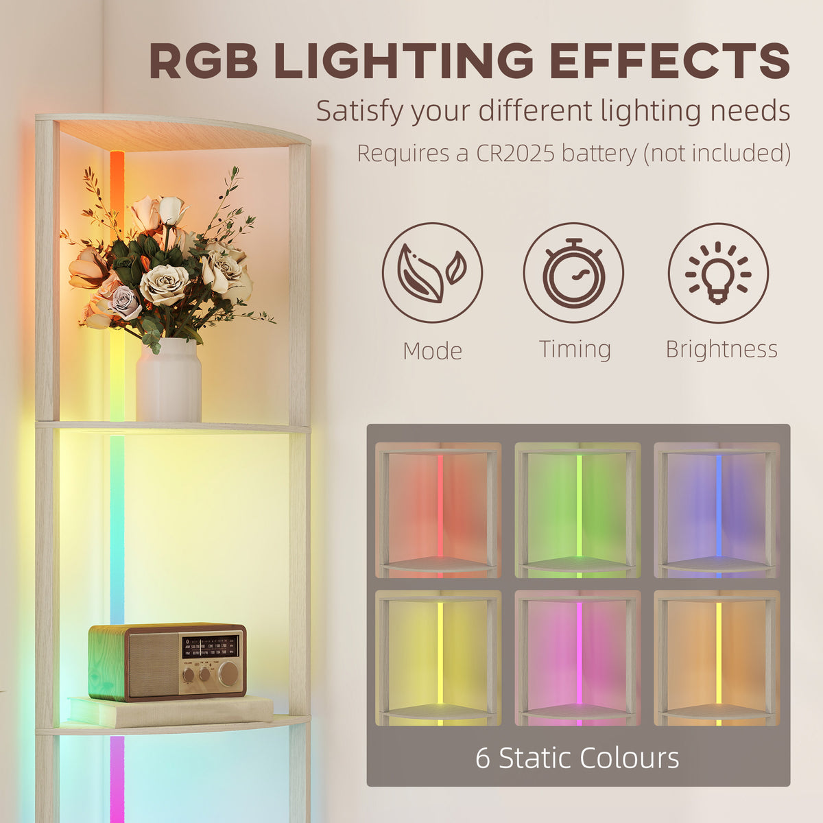 HOMCOM RGB LED Floor Lamp with Shelves, 4-Tier Dimmable Standing Lamp with Remote Control, Oak