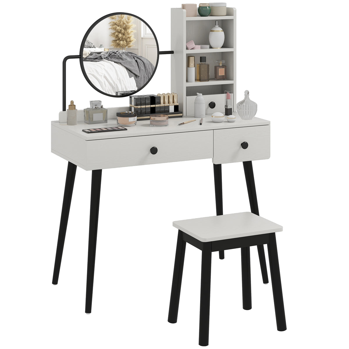 HOMCOM Dressing Table Set with Mirror and Stool, Vanity Makeup Table with 3 Drawers and Open Shelves for Bedroom, Living Room, Grey