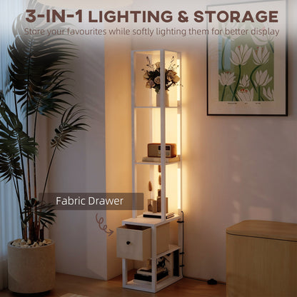 HOMCOM Floor Lamp with Shelves, LED Column Modern Standing Lamp with Fabric Drawer, Adjustable Brightness, Foot Switch for Living Room, Bedroom, Office, White