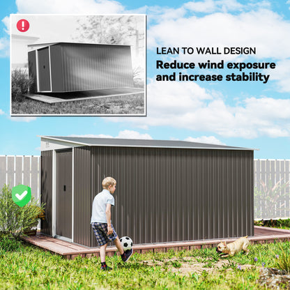 Outsunny 11.3 x 9.2ft Lean to Metal Garden Shed, Waterproof Outdoor Tool & Bike Storage Shed Galvanised with Lockable Double Sliding Doors, Pent Roof and 2 Air Vents, Grey