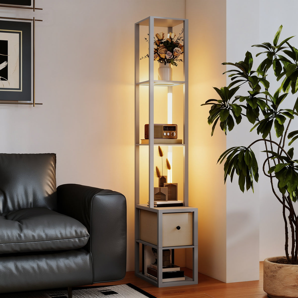 HOMCOM Floor Lamp with Shelves, LED Column Modern Standing Lamp with Fabric Drawer, Adjustable Brightness, Foot Switch for Living Room, Bedroom, Office, Grey