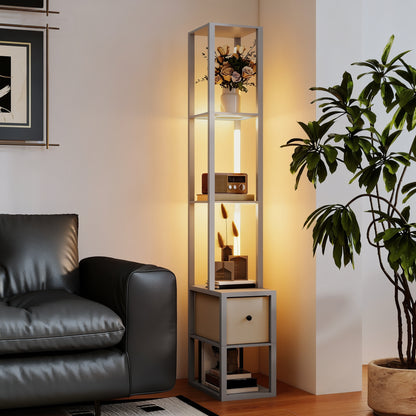 HOMCOM Floor Lamp with Shelves, LED Column Modern Standing Lamp with Fabric Drawer, Adjustable Brightness, Foot Switch for Living Room, Bedroom, Office, Grey