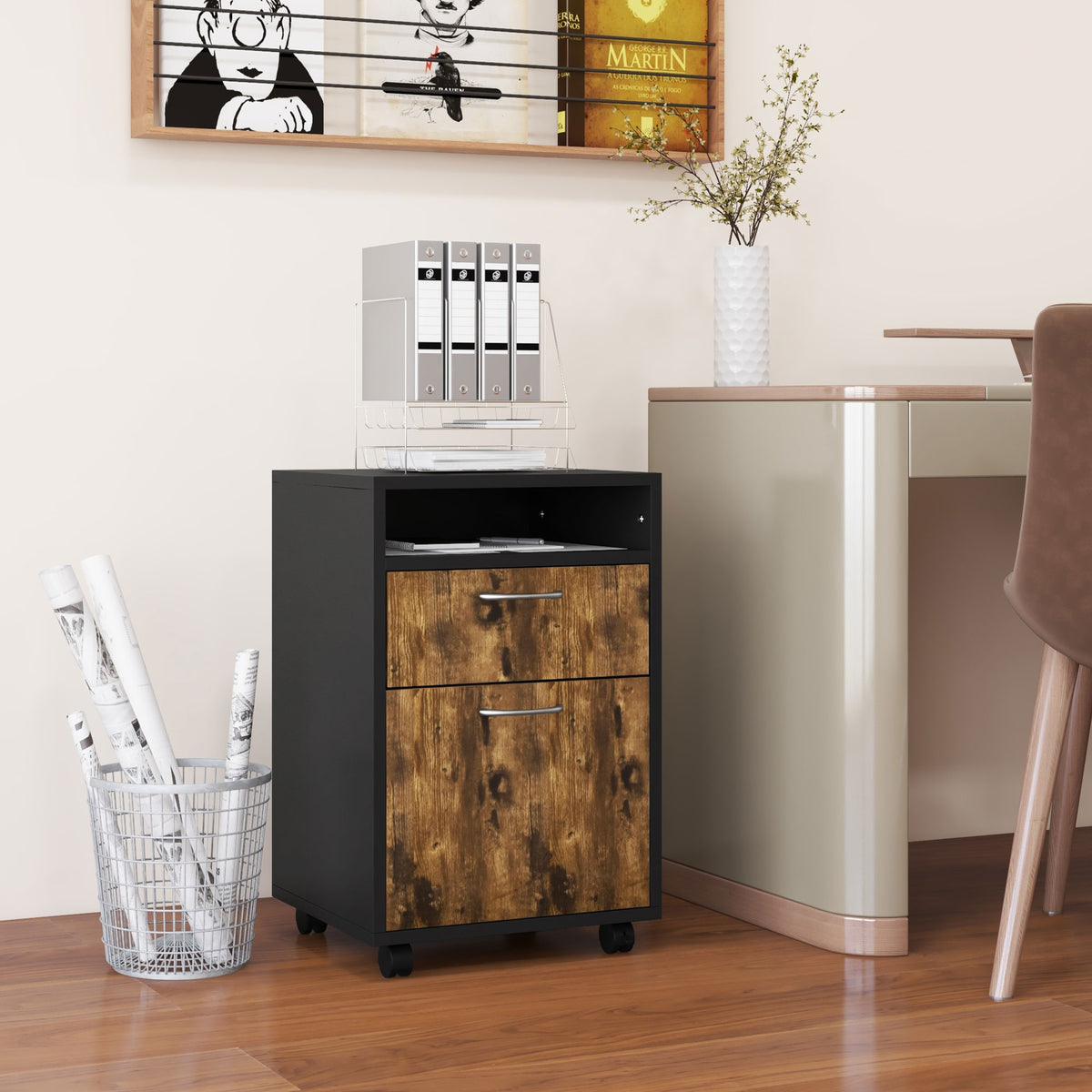 HOMCOM Filing Cabinet, Mobile File Cabinet with 2 Lockable Drawers, Office Home Organiser on Wheels for A4, Letter-Size File Folders, Mobile Printer with Open Shelf, Rustic Brown