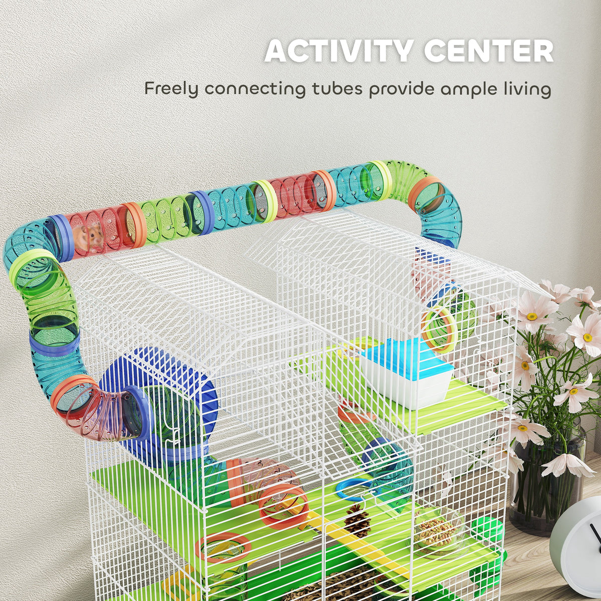 PawHut Hamster Cage, 5 Tier Carrier Habitat with Exercise Wheels Tunnel Tube Water Bottle Dishes House Ladder, Gerbil Cage for Dwarf Mice, Green