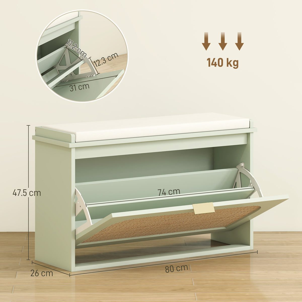 HOMCOM Boho Shoe Bench with Padded Seat and Flip-Drawer - Light Green