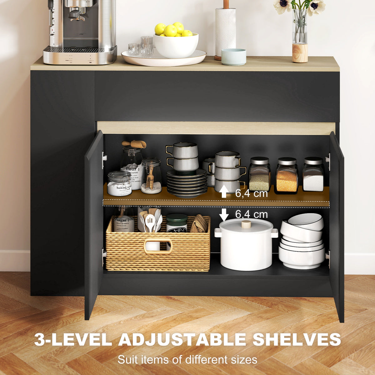 HOMCOM Kitchen Island, Storage Cabinet with Adjustable Shelf, 2 Drawers, 3 Open Shelves, Black