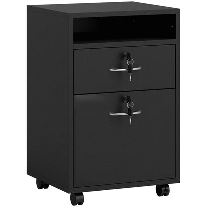 HOMCOM Filing Cabinet, Mobile File Cabinet with 2 Lockable Drawers, Office Home Organiser on Wheels for A4, Letter-Size File Folders, Mobile Printer with Open Shelf, Black
