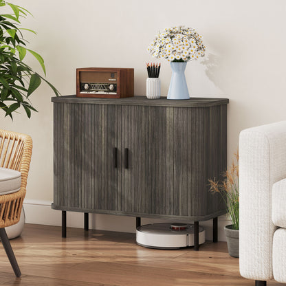 HOMCOM Mid-Century Modern Sideboard Storage Cabinet with Slatted Tambour Sliding Doors, Kitchen Cabinet with Steel Legs, Grey