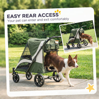 PawHut Foldable Pet Stroller for Medium Dogs with Four Big Wheels, Shock-Absorbing Frame, Safety Leashes, Brakes, Dark Green