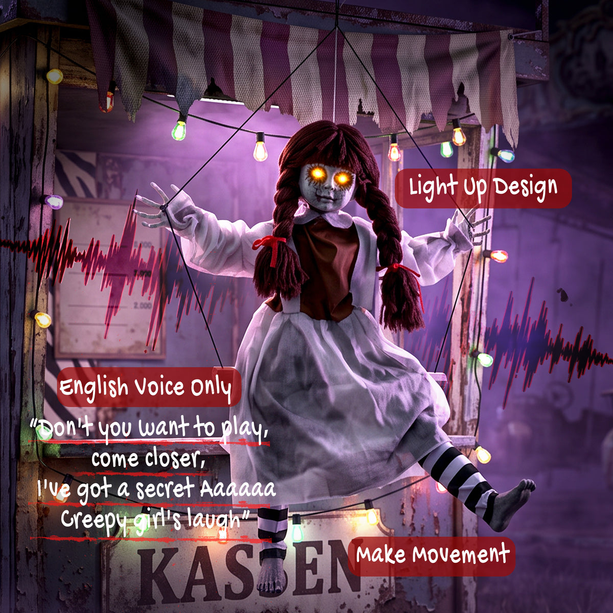 HOMCOM 80 cm Halloween Animated Hanging Creepy Girl on Swing Decoration, Kicking Legs, Sound and Touch Activated