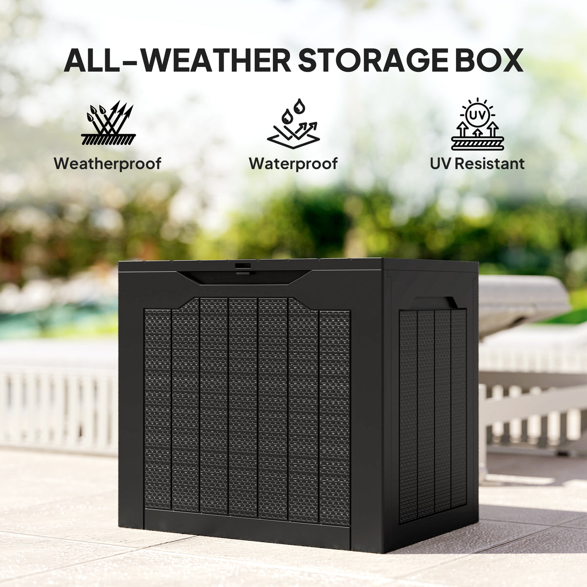 Outsunny 97L Plastic Garden Storage Box, Outdoor Storage Box with Handles, Waterproof Outdoor Storage Container, Black