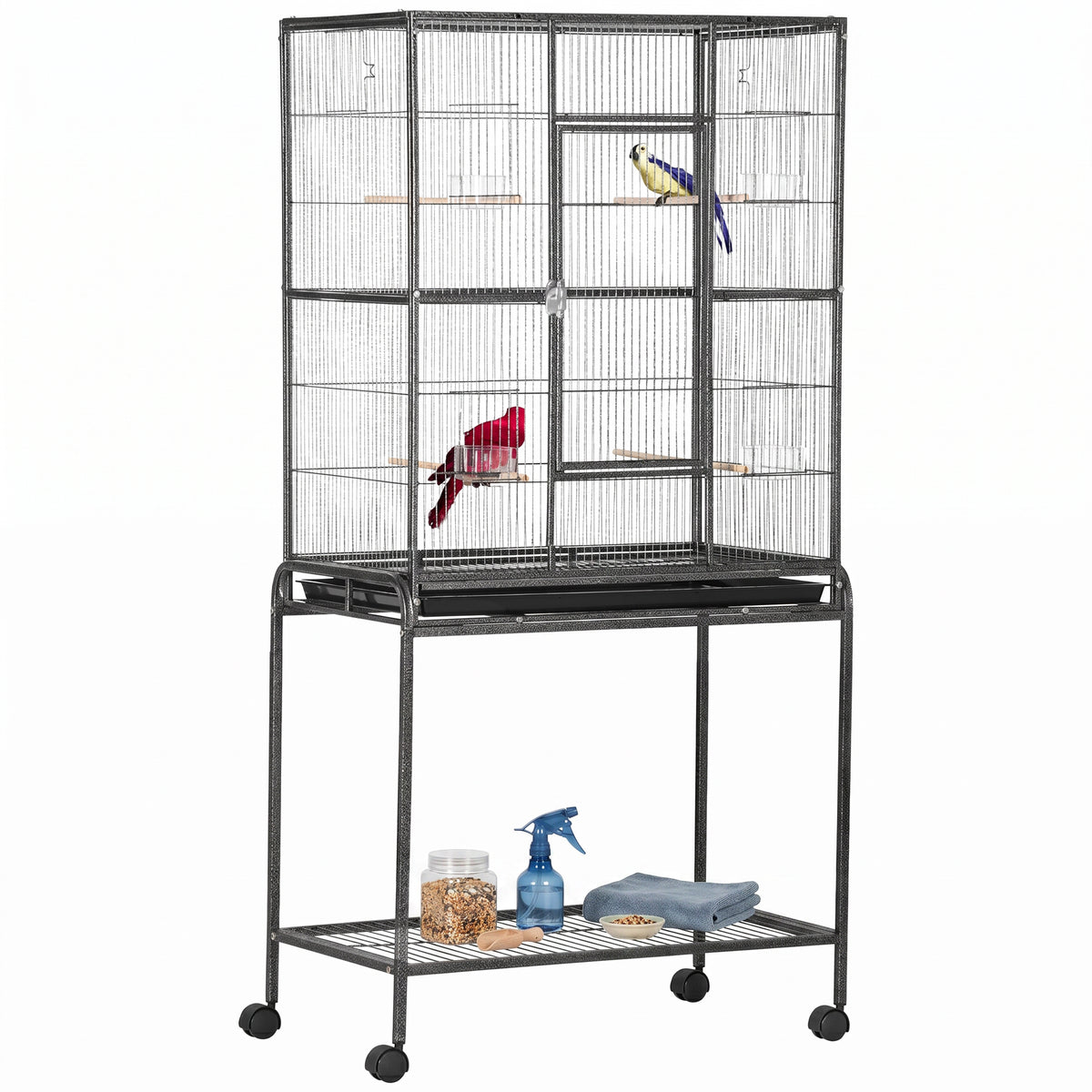 PawHut Large Bird Cage Budgie Cage with Stand, Storage Shelf, Wood Perch for Parrot Canary Parakeet Cockatiels, 81 x 48 x 162.5 cm