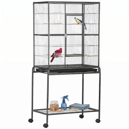 PawHut Large Bird Cage Budgie Cage with Stand, Storage Shelf, Wood Perch for Parrot Canary Parakeet Cockatiels, 81 x 48 x 162.5 cm