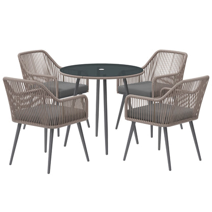 Outsunny 4 Seater Rattan Dining Set, Rattan Garden Furniture Set with Parasol Hole, Outdoor Dining Table and Chairs Set with Cushions, Round Glass Top Table for Patio, Balcony, Light Brown