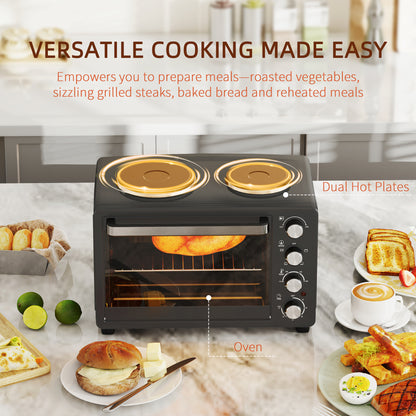 HOMCOM 28L Toaster Oven with Double Hotplate, 1600W Countertop MIni Oven with 60 Minute Timer & 230°C Temp Control, Baking Tray & Wire Rack, Black