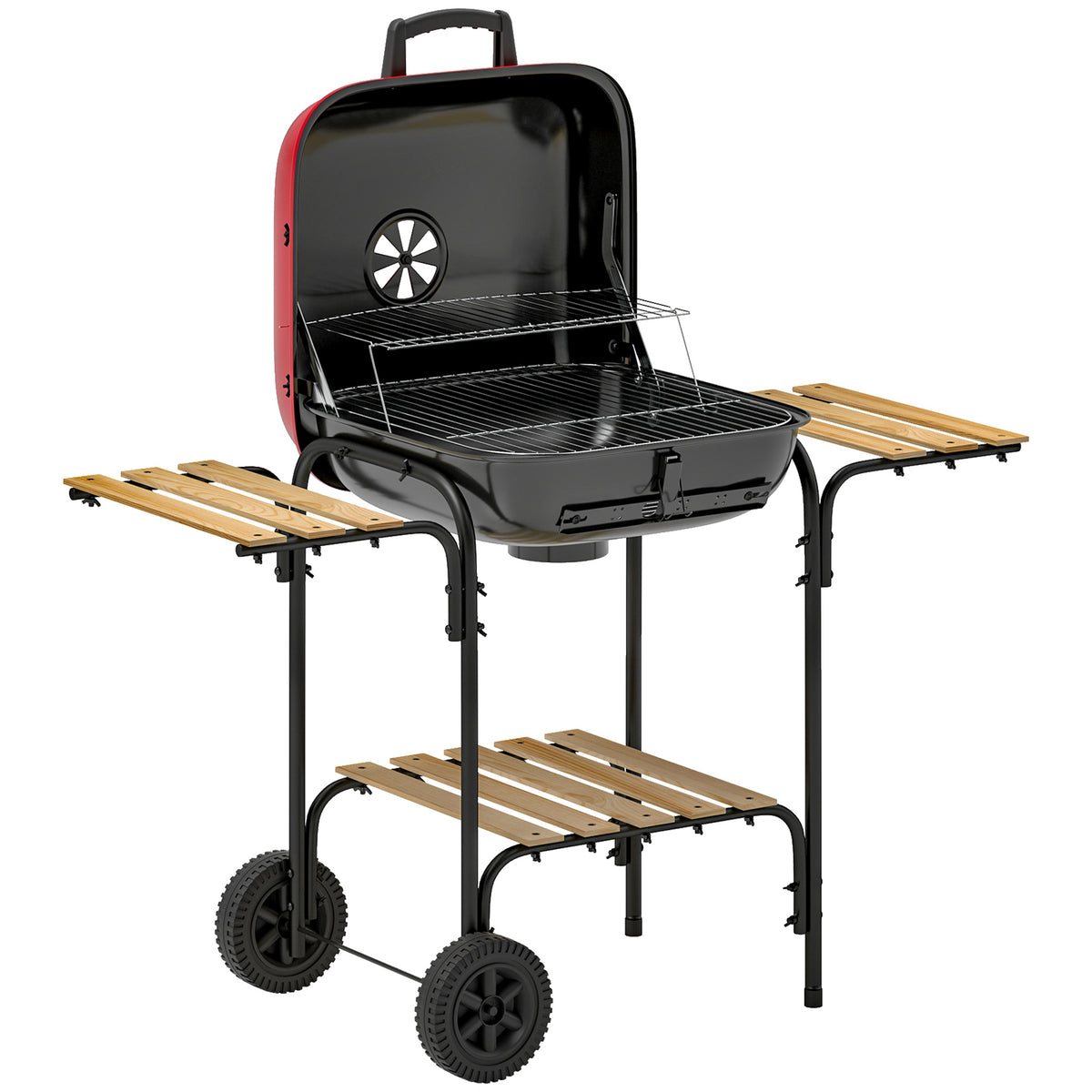 Outsunny Charcoal Barbecue Grill Portable BBQ Grill with 1840 cm² Cooking Area, 3 Shelves, Adjustable Vent, Lockable Lid, Wheels for Outdoor Cooking, Garden Party, Red