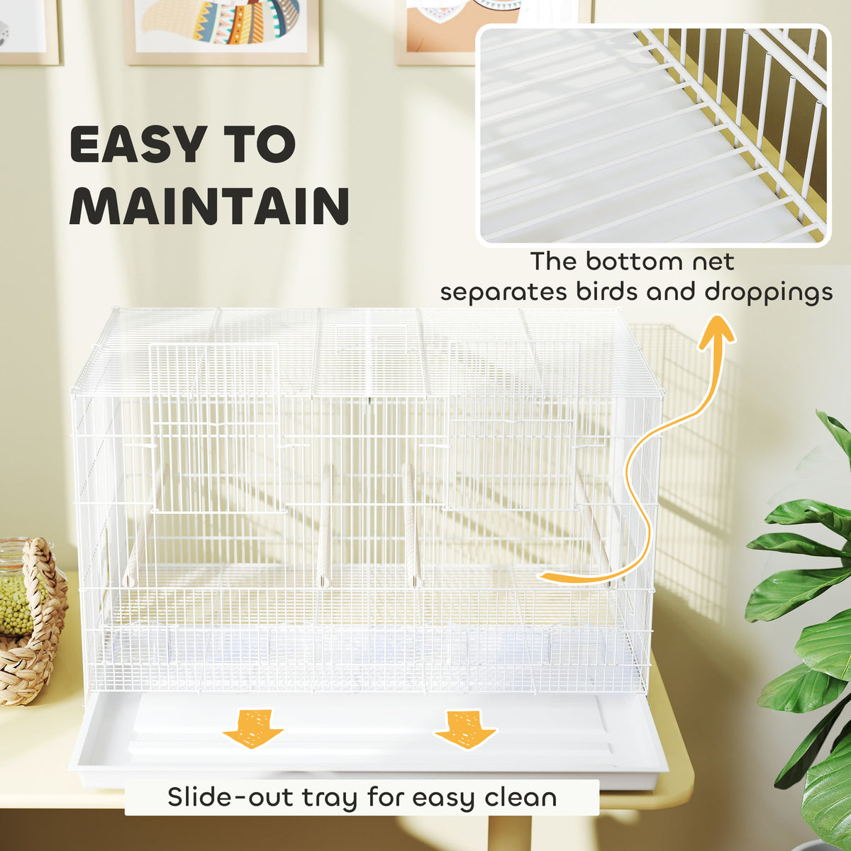 PawHut Bird Cage with Divider, 4 Wooden Perches, Slide Out Tray, 4 Feeders, for Budgie, Lovebird, Canary, 76 x 46 x 46cm, White