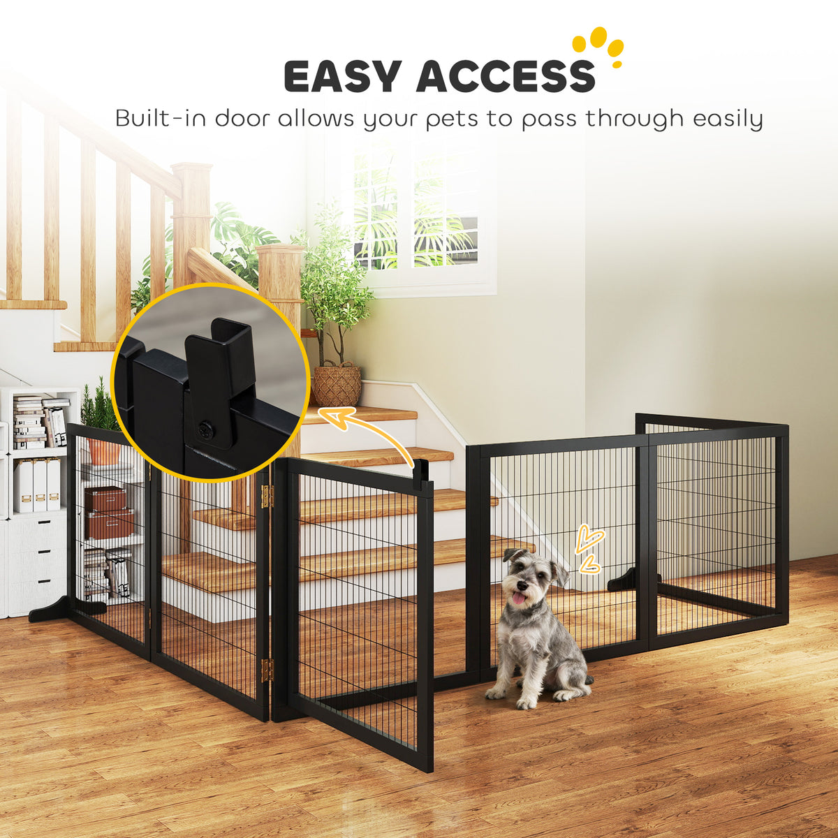 PawHut Wooden Pet Gate, Freestanding Dog Security Barrier with Two Support Feet - Black