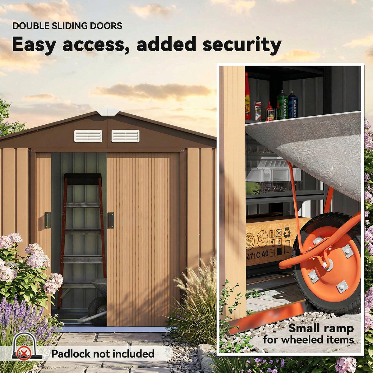 Outsunny 7 x 4ft Lockable Metal Garden Tool Storage Shed, Outdoor Storage Shed with Foundation and vents, Light Brown