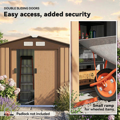 Outsunny 7 x 4ft Lockable Metal Garden Tool Storage Shed, Outdoor Storage Shed with Foundation and vents, Light Brown