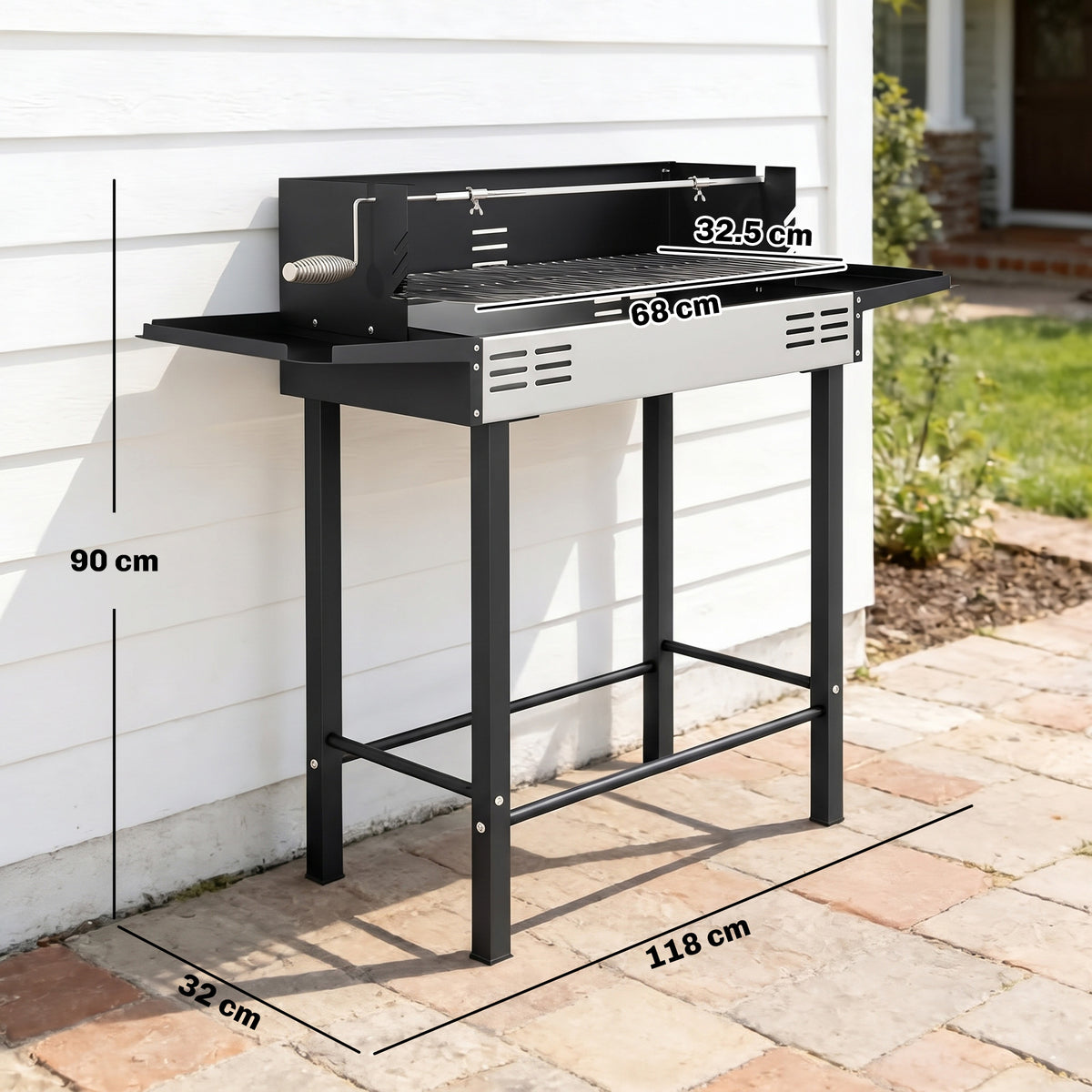 Outsunny BBQ Rotisserie Grill Roaster Charcoal Spit Roasting Machine for Chicken Turkey with 3-Level Grill Grate, Side Shelves