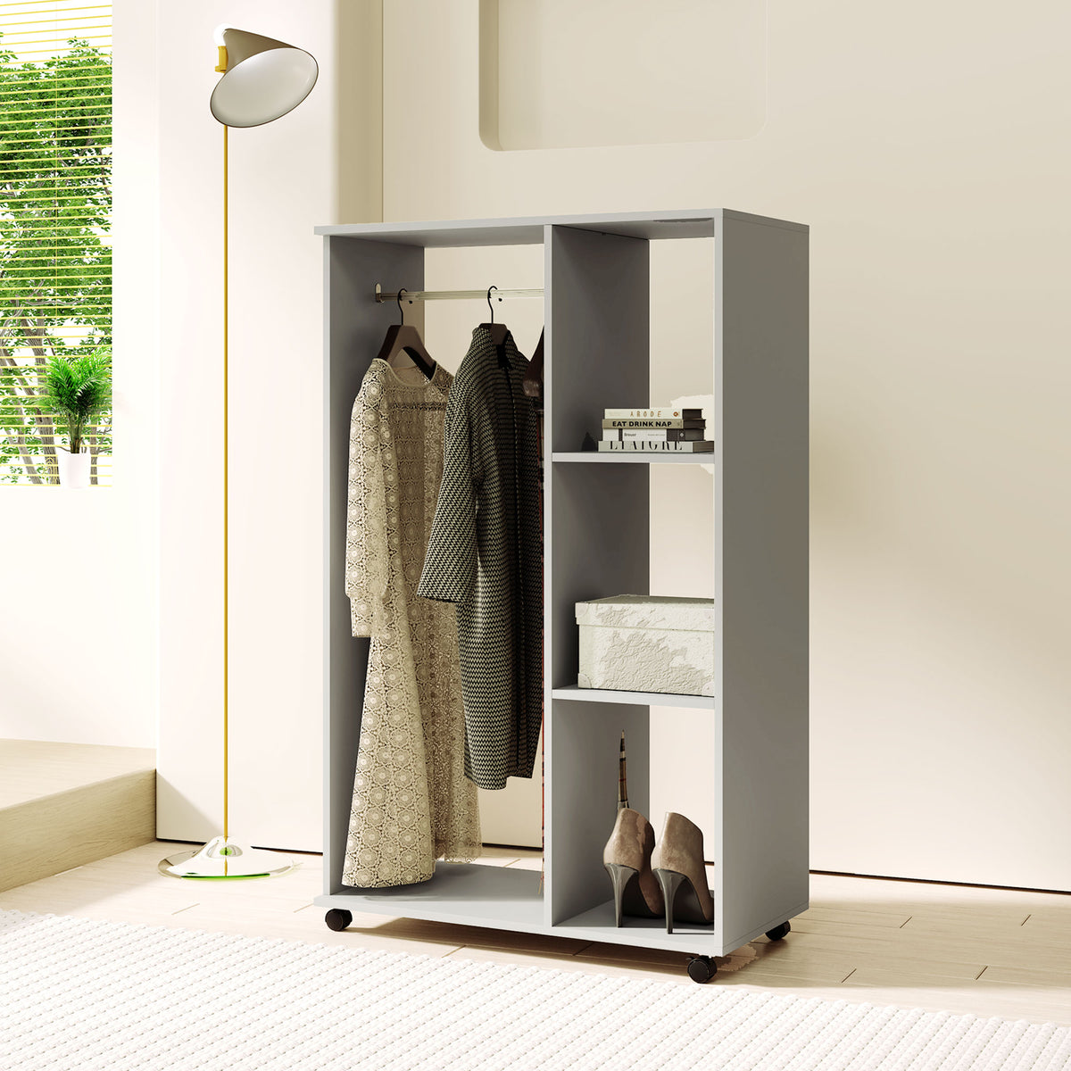 HOMCOM Open Wardrobe on Wheels, Bedroom Wardrobe with Clothes Hanging Rail, 3 Storage Shelves, Mobile Garment Rack for Cloakroom, Hallway, Grey
