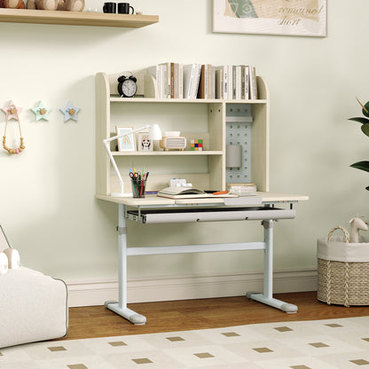 AIYAPLAY Kids Desk Height Adjustable with Tilt-Desktop, Hutch, Drawer, Storage Shelf, Pegboard, for 3-12 Years Old, Natural
