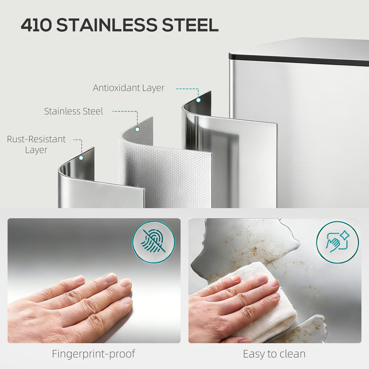 HOMCOM 60L Dual Compartment Stainless Steel Bin, with Deodoriser Holders - Silver Tone