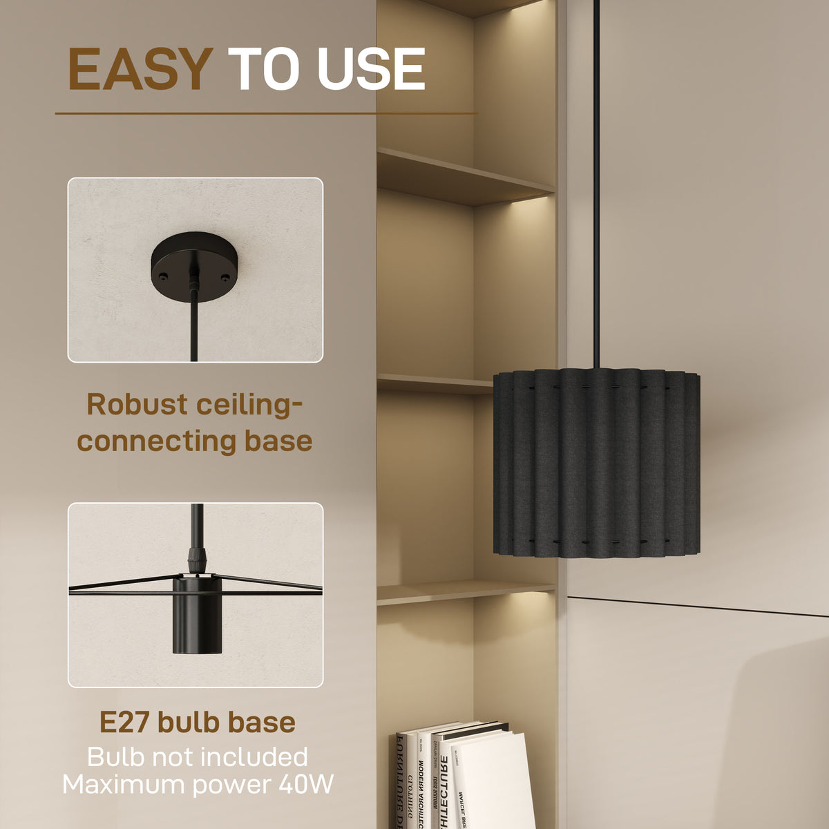HOMCOM Linen Pendant Light, Bedside Ceiling Lamps with E27 Bulb, Modern Hanging Lights for Living Room, Bedroom, Kitchen, Hallway, Black