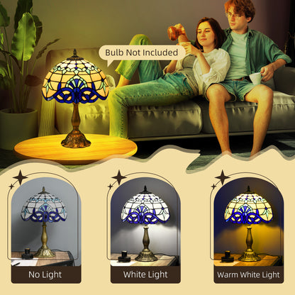 HOMCOM Tiffany Stained Glass Table Lamp, Handmade Antique Bedside Lamp for Bedroom, Living room, Home, Nightstand, Decorative Night Light, Blue