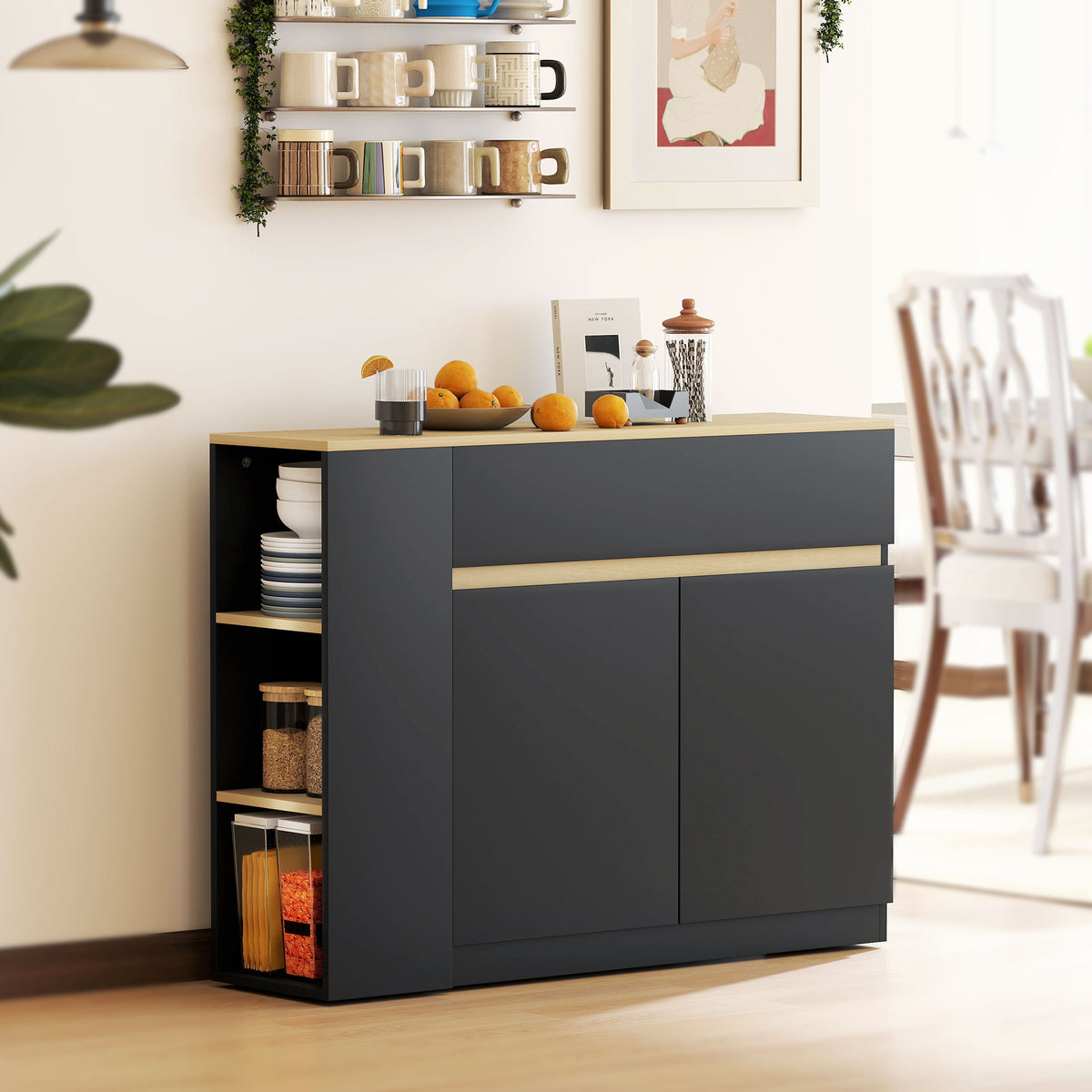 HOMCOM Kitchen Island, Storage Cabinet with Adjustable Shelf, 2 Drawers, 3 Open Shelves, Black