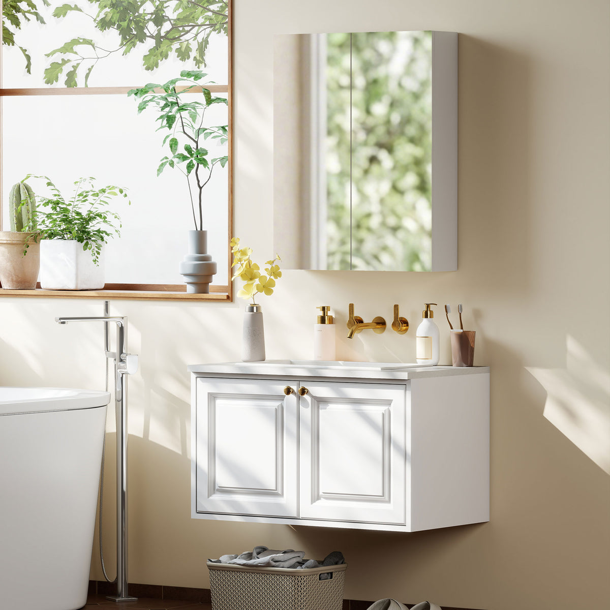 HOMCOM Wall Mounted Bathroom Mirror Storage Cabinet w/ Door Adjustable Shelf, White