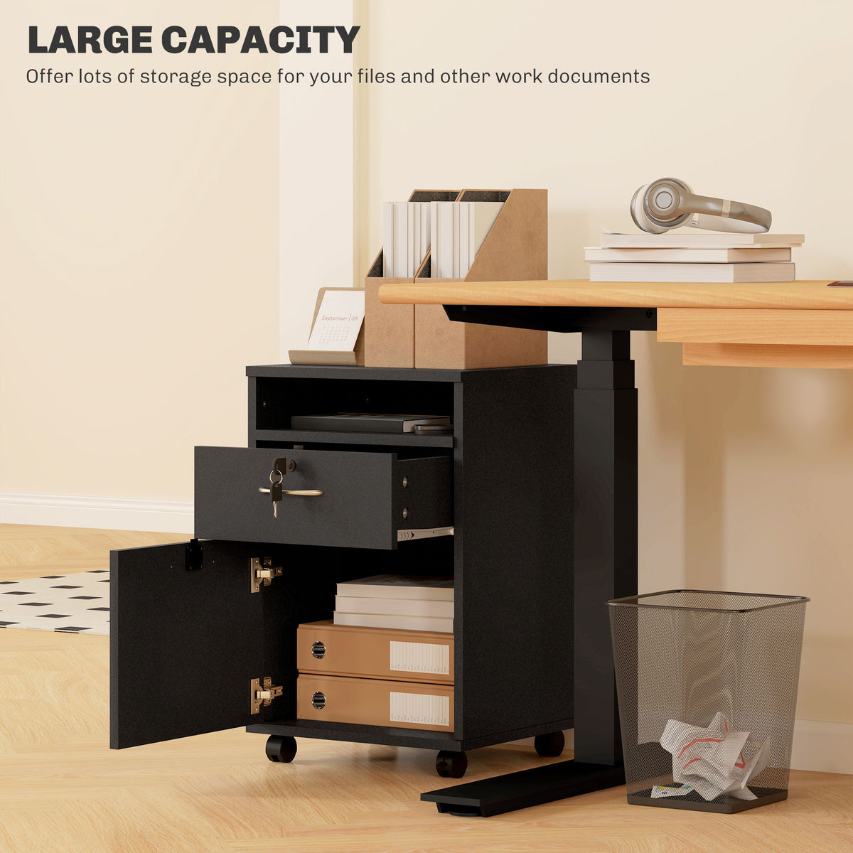 HOMCOM Filing Cabinet, Mobile File Cabinet with 2 Lockable Drawers, Office Home Organiser on Wheels for A4, Letter-Size File Folders, Mobile Printer with Open Shelf, Black