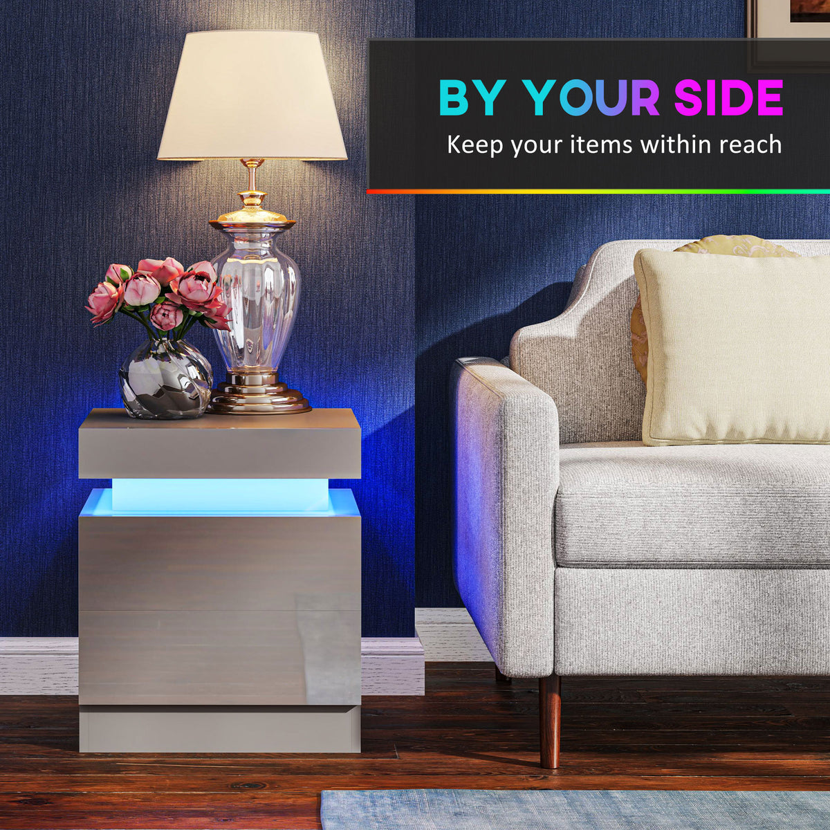 HOMCOM Grey Bedside Table with LED Light, High Gloss Front Nightstand with 2 Drawers, for Living Room, Bedroom