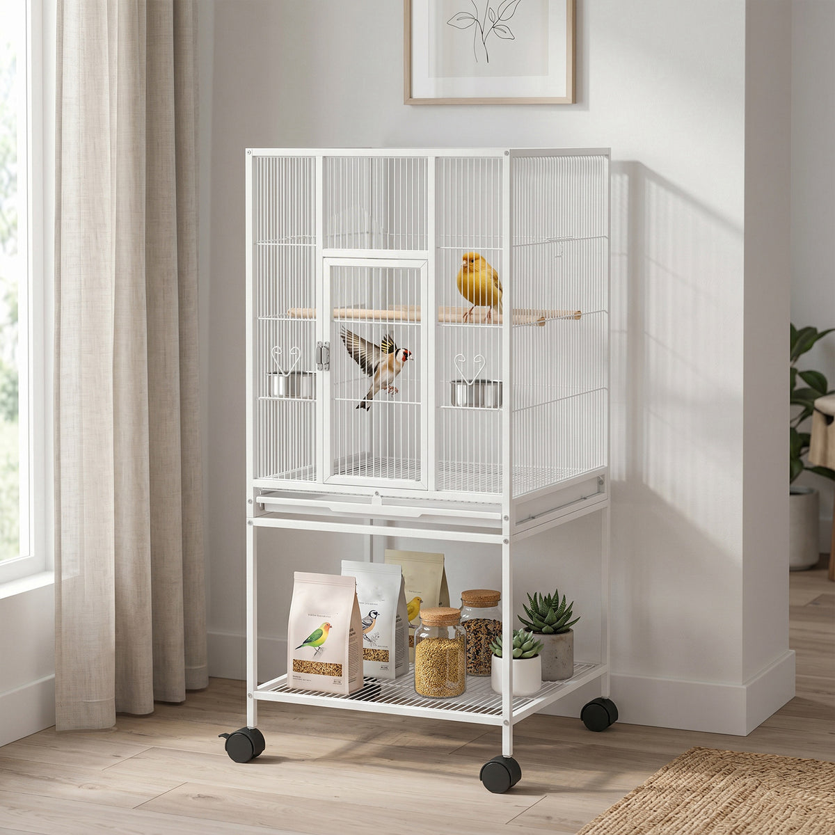 PawHut Bird Cage Detachable with Rolling Stand Parrot Cage with Storage Shelf White