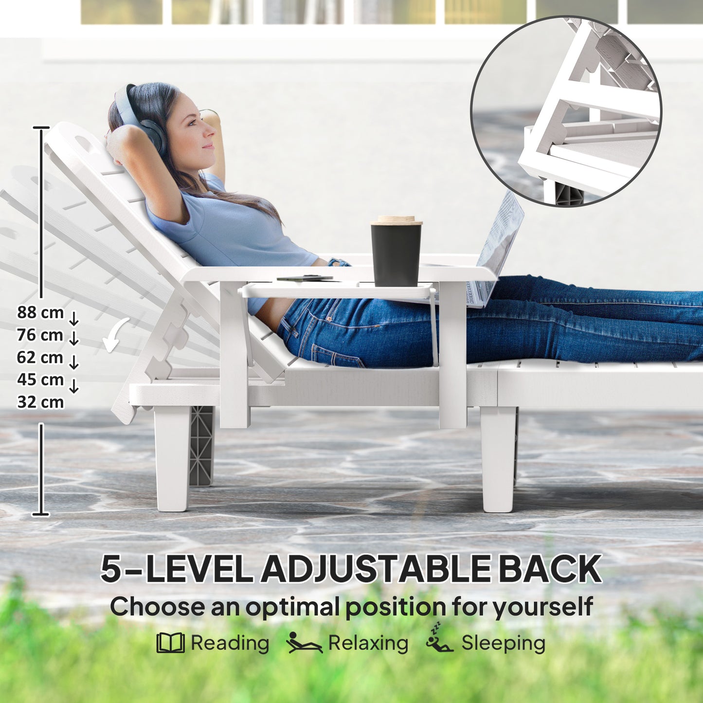 Outsunny Set of 2 Resin Reclining Sun Loungers for Garden, 5 Positions Adjustable Outdoor Chaise Lounge Chairs