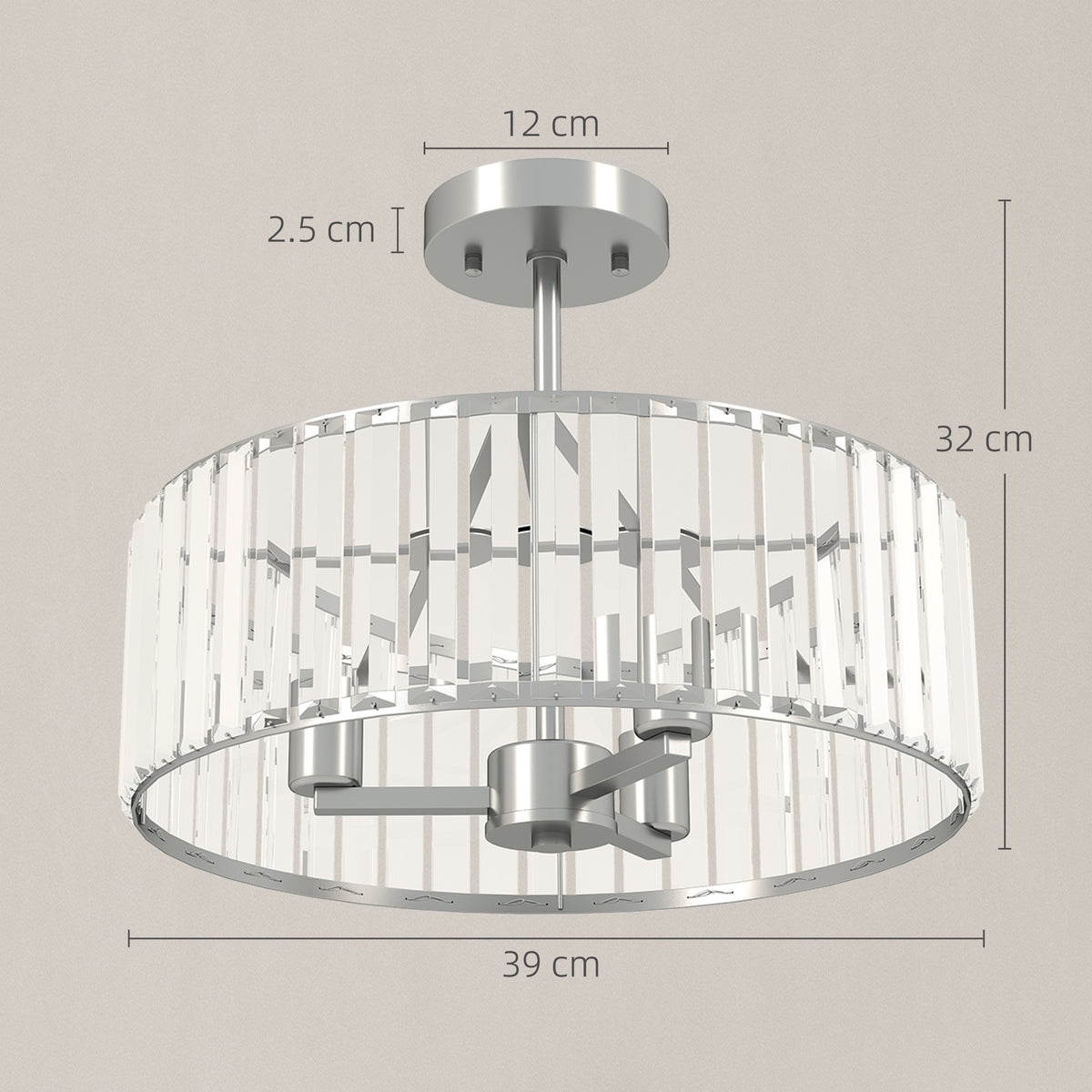 HOMCOM Crystal Ceiling Light Fixture, 39 cm Semi Flush Mount Modern Crystal Chandelier Ceiling Light for Living Room, Bedroom, Hallway, Dining Room, E14 Base 3-Lights, Bulbs Not Included, Silver Tone