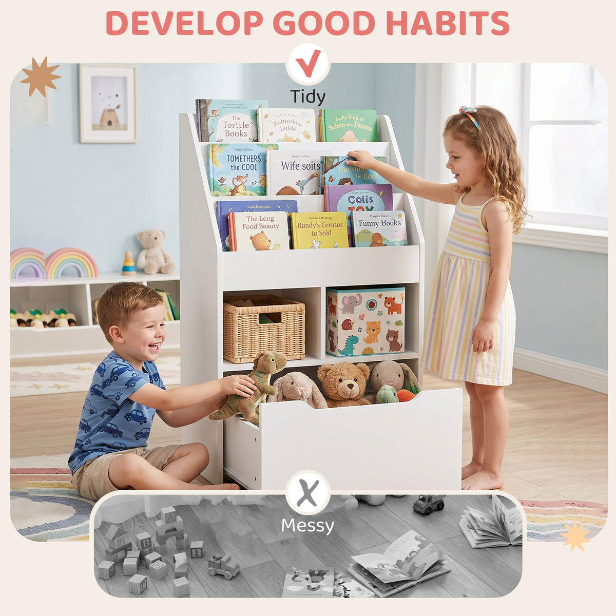 HOMCOM Kids Bookshelf, Toy Organiser, with Storage Drawer, Wheels - White