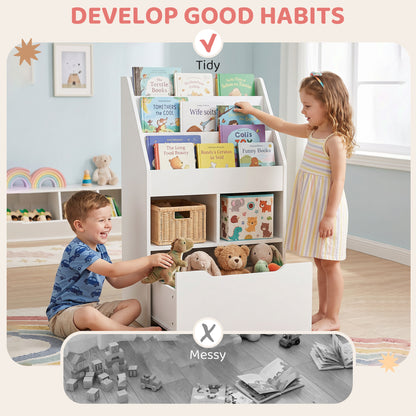 HOMCOM Kids Bookshelf, Toy Organiser, with Storage Drawer, Wheels - White