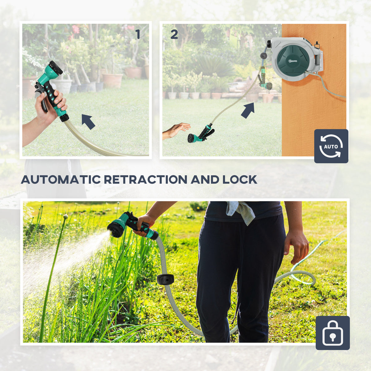 Outsunny Retractable Hose Reel Wall Mounted, 20+2m Garden Hose Pipe Reel with Lock, Auto Rewind, 7 in 1 Spray Nozzle, Includes Wall Fixings, 180° Swivel, Outdoor Watering, 54 x 20 x 39 cm, Light Grey