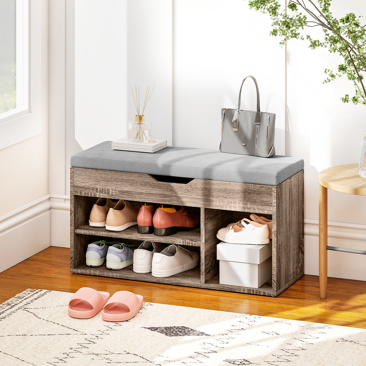 HOMCOM Shoes Cabinet Bench Hidden Storage Padded Seat Organiser Footwear Rack Hallway Grey Wood Grain