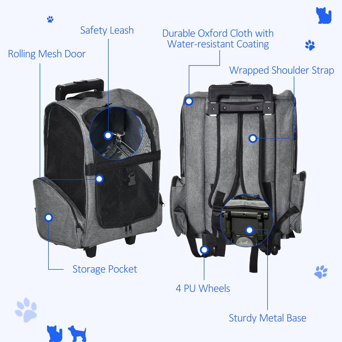 PawHut 2 in 1 Dog Backpack and Trolley, Pet Travel Backpack Cat Dog Carrier with Telescopic Handle, Portable Pet Stroller Wheel Luggage Bag (Grey)