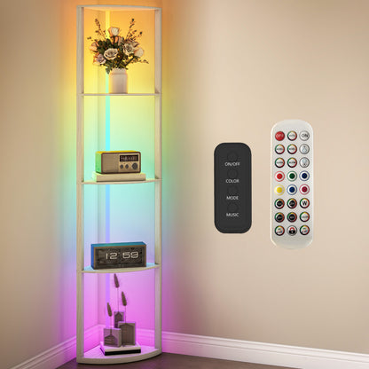 HOMCOM RGB LED Floor Lamp with Shelves, 4-Tier Dimmable Standing Lamp with Remote Control, Oak