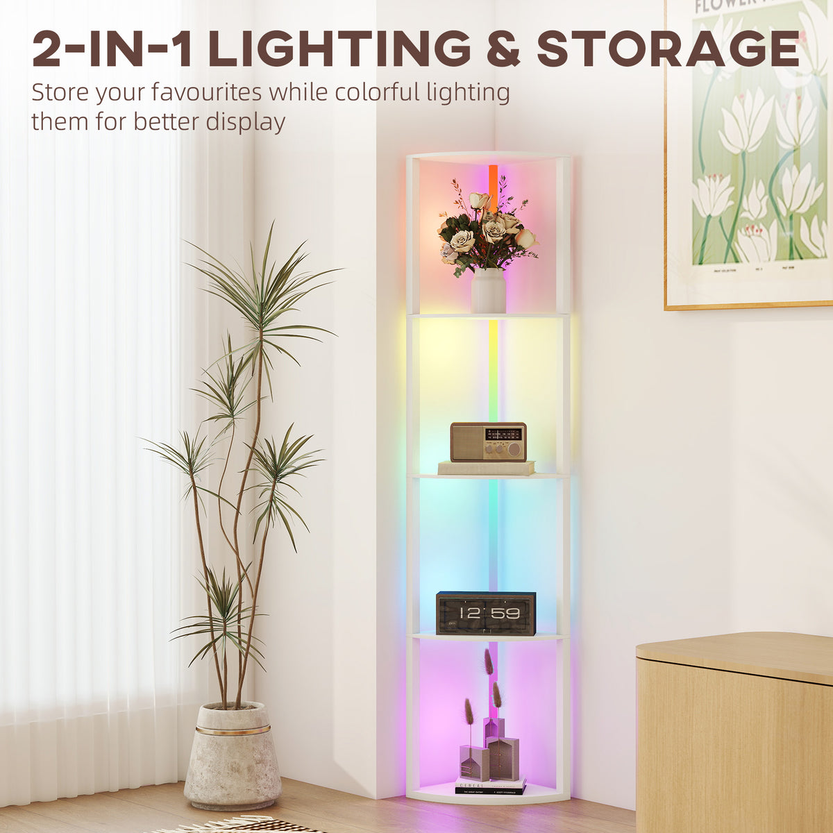 HOMCOM RGB LED Floor Lamp with Shelves, 4-Tier Dimmable Standing Lamp with Adjustable Brightness and Remote Control, Modern Corner Display Shelf Unit for Living Room Bedroom Office, White