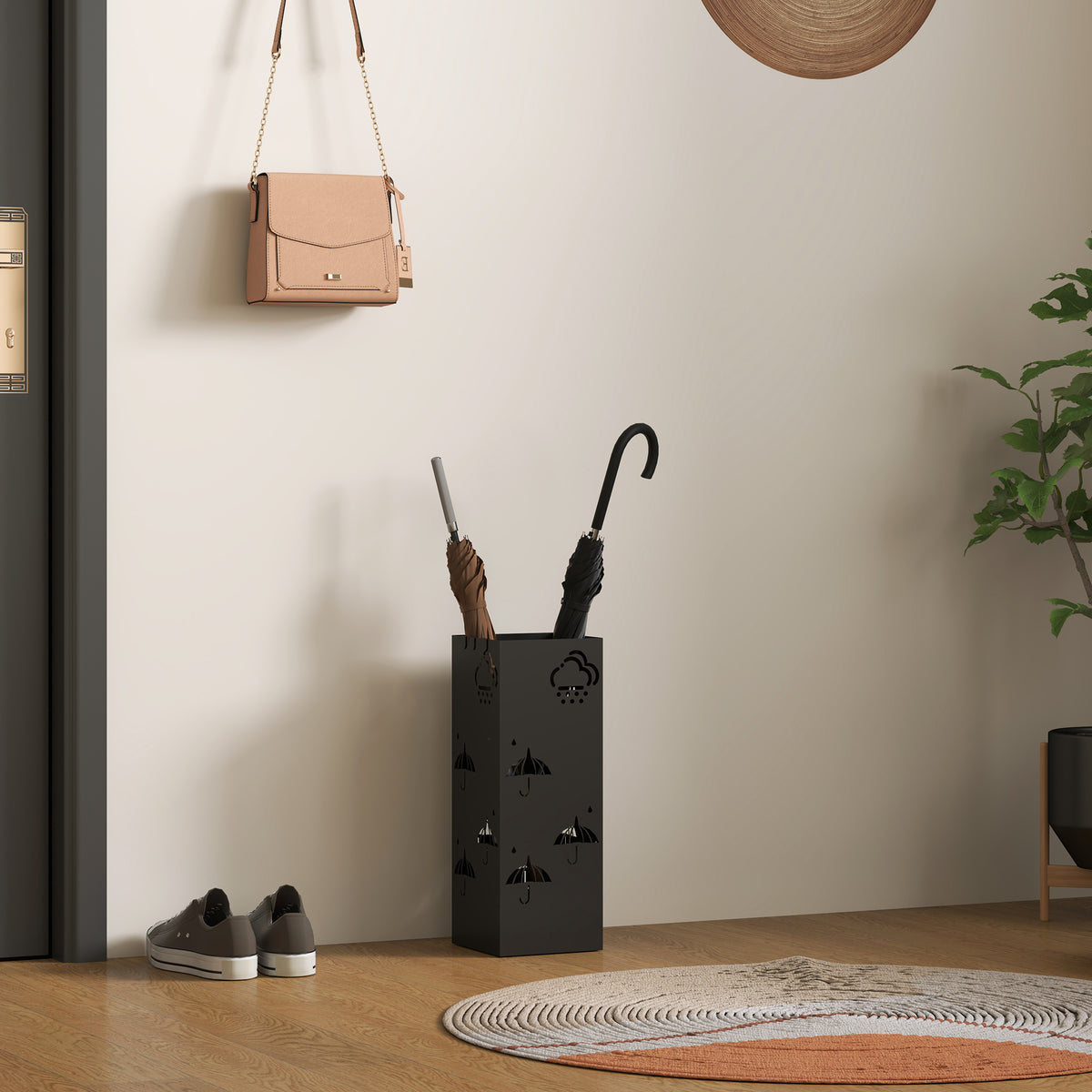 HOMCOM Metal Umbrella Stand, Square Umbrella Holder with Removable Drip Tray and 4 Hooks, Decorative Umbrella Storage Rack for Hallway, Entryway, 15.5 x 15.5 x 41 cm, Black